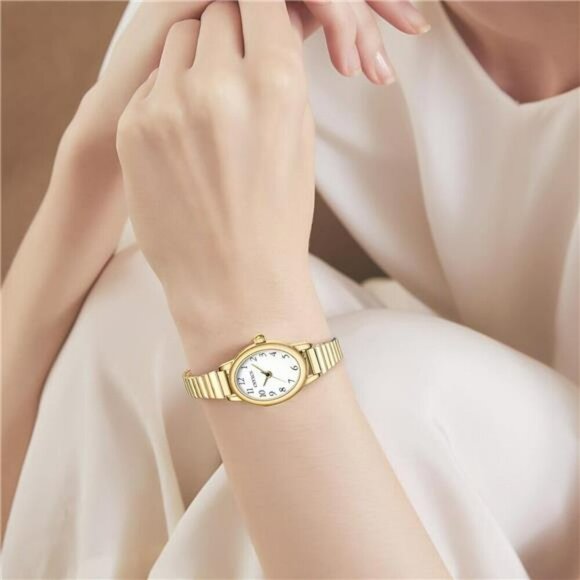 Gold Womens Watch Stretch Band Analog Quartz Water Resistant Easy Read Dial - Picture 6 of 7